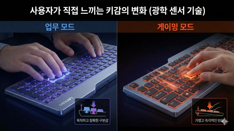 레노버 적응형 키보드, CES 2026, 레노버 컨셉 키보드, 옵티컬 액추에이션, 가변 키감 키보드, 리전 프로 롤러블, 자가충전 키보드, 레노버 신제품, 게이밍 키보드 추천, 미래형 키보드