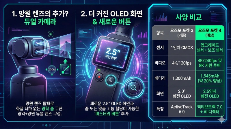 오즈모 포켓 4, DJI 신제품, 브이로그 카메라 추천, 오즈모 포켓 4 출시일, 오즈모 포켓 3 비교, 1인치 센서 카메라, DJI 루머, 유튜브 장비, 듀얼 카메라 짐벌, 포켓 4 스펙