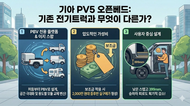 기아 PV5 오픈베드, 기아 PBV, PV5 출시일, PV5 스펙, 전기트럭 보조금, 이지 스왑, PV5 가격, 기아 전기차 2025, 1톤 전기트럭 추천, 목적 기반 모빌리티
