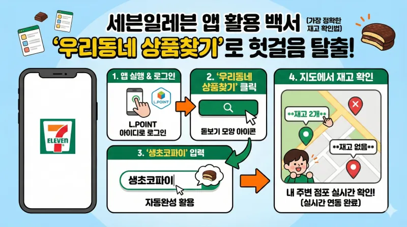 세븐일레븐 생초코파이, 편의점 재고 조회, 세븐앱 사용법, 생초코파이 파는 곳, 편의점 신상 간식, 일본 생초코파이 가격, 세븐일레븐 1월 행사, 편의점 디저트 추천, 우리동네 상품찾기, 편의점 챗봇 조회