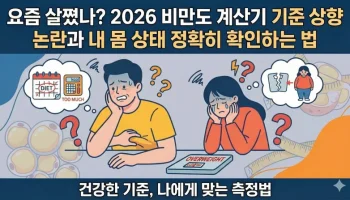 "2026년 비만도 계산기 기준 상향 소식에 체중계 위에서 자신의 몸 상태를 걱정하는 사람의 일러스트와 정확한 비만 측정법을 안내하는 블로그 썸네일 이미지입니다."