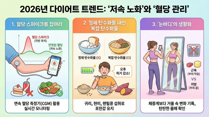 "2026년 다이어트 트렌드인 저속 노화와 혈당 관리를 위한 3가지 핵심 방법을 설명하는 인포그래픽 이미지입니다. 혈당 스파이크를 막는 연속 혈당 측정기 활용, 정제 탄수화물 대신 복합 탄수화물 섭취, 그리고 체중계 대신 눈바디를 통한 변화 확인의 중요성을 일러스트로 보여줍니다."