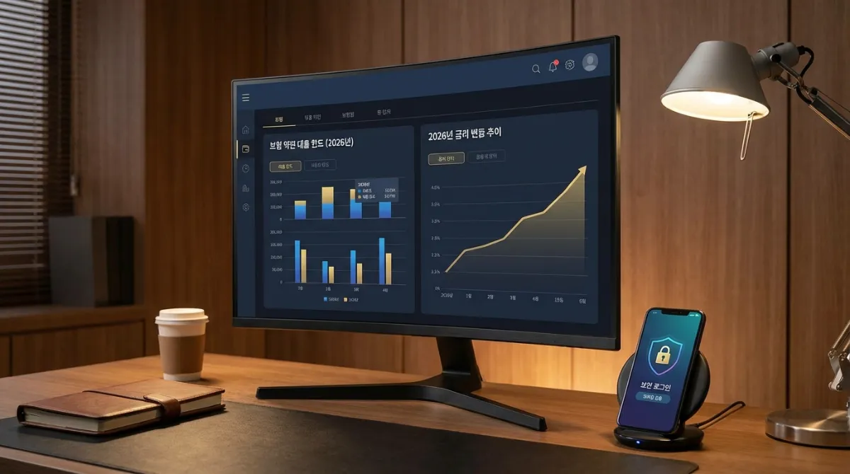 2026년 보험 약관대출 신청 방법 완벽 가이드: 급전 필요할 때 피싱 사기 피하는 법 2 2026년 보험계약대출 한도 및 금리 추이 분석을 보여주는 세련된 디지털 금융 대시보드와 스마트폰 보안 모바일 인터페이스의 전문적인 이미지
