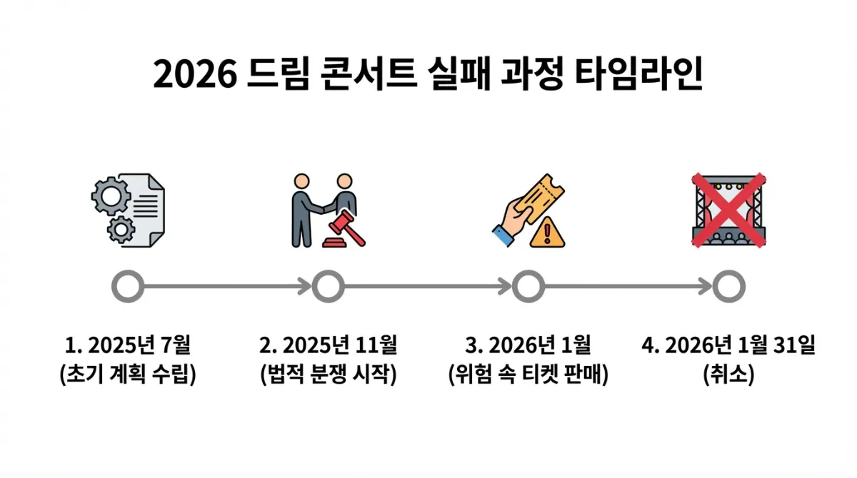 2026 드림콘서트 무산 과정을 단계별로 시각화한 미니멀리스트 타임라인 인포그래픽. 2025년 7월 최초 기획, 11월 법적 분쟁 시작, 2026년 1월 티켓 판매 강행, 1월 31일 최종 취소까지의 주요 사건 일지.