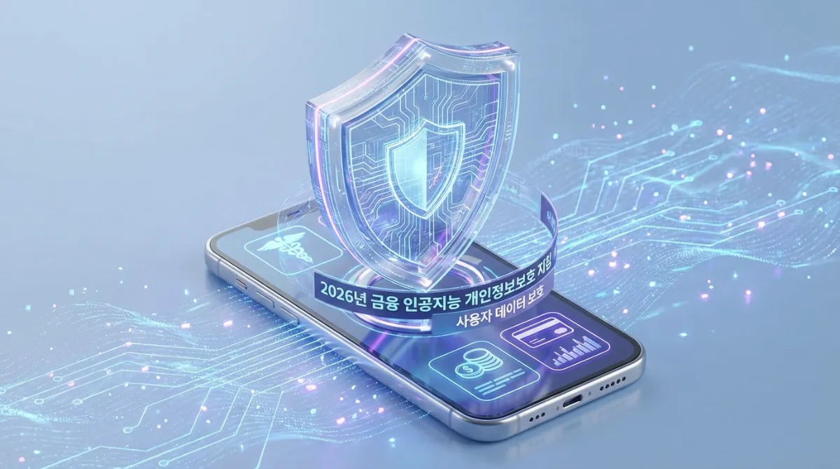 2026년 금융 AI 개인정보 보호 가이드라인을 상징하며 의료 및 금융 아이콘이 표시된 스마트폰 데이터를 보호하는 디지털 방패의 부드러운 블루 및 실버 톤 일러스트레이션