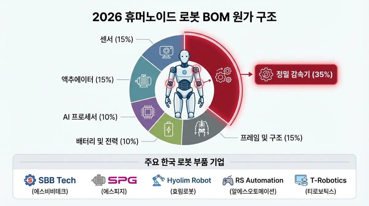 2026년 휴머노이드 로봇 원가 구조 인포그래픽: 정밀 감속기가 전체 BOM 비용의 35%를 차지함을 보여주며 주요 한국 로봇 부품 기업 로고를 포함한 분석 자료