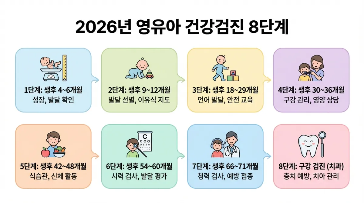 2026년 영유아 건강검진 8단계 상세 주기와 성장, 구강 관리, 영양 가이드를 담은 깔끔한 파스텔톤 인포그래픽