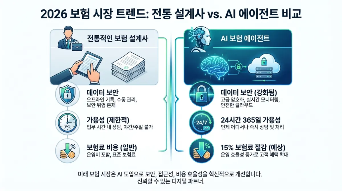 2026년 보험 시장 트렌드를 보여주는 인포그래픽: AI 설계사와 전통적 보험 설계사 비교. 데이터 보안, 24시간 서비스, 15% 보험료 절감 혜택 등 주요 특징을 포함한 현대적이고 신뢰할 수 있는 디자인.