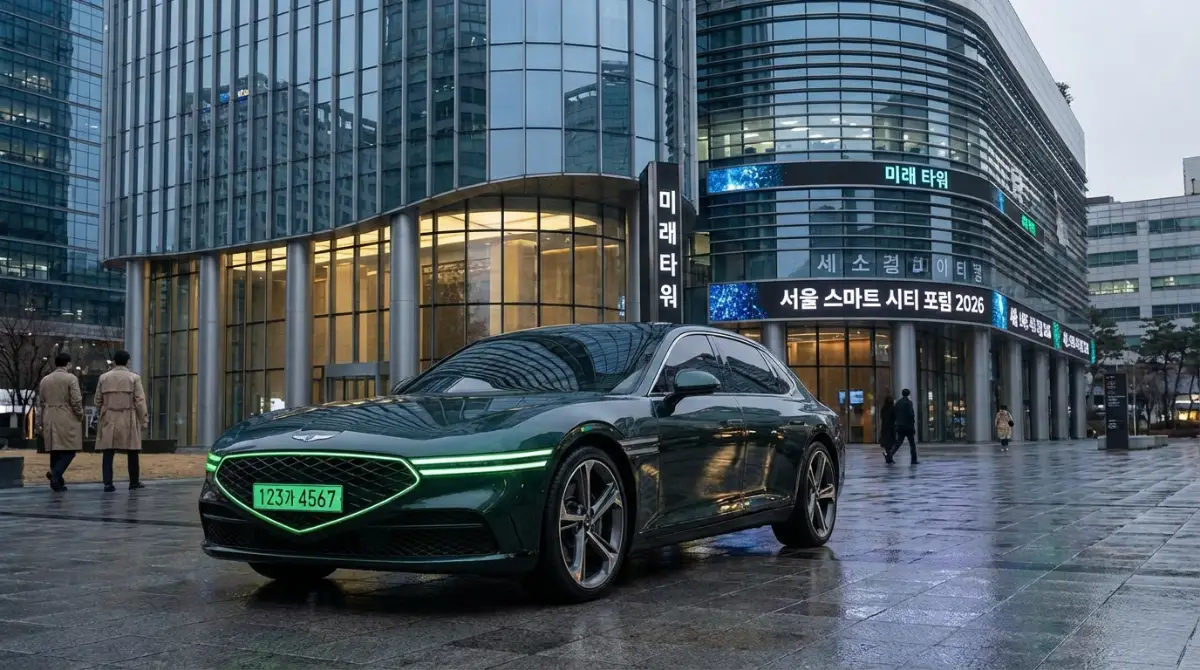 2026년 서울의 현대적인 기업 빌딩 앞에 주차된 독특한 녹색 번호판의 고급 럭셔리 세단