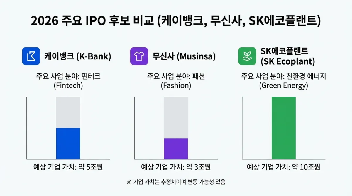2026년 주요 IPO 기대주 케이뱅크, 무신사, SK에코플랜트의 예상 기업 가치와 핀테크, 패션, 친환경 에너지 등 핵심 사업 분야를 비교한 인포그래픽
