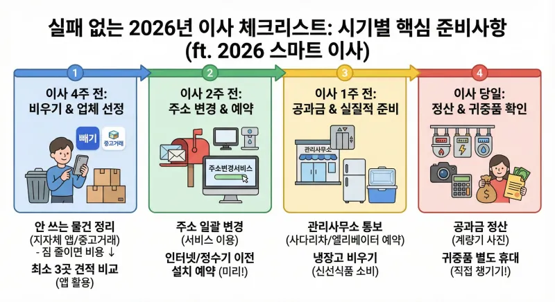 꽃이 만발한 봄을 배경으로 한 2026년 이사 체크리스트 인포그래픽입니다. 이사 4주 전부터 이사 당일까지 시기별 핵심 준비사항을 단계별 타임라인으로 상세히 보여줍니다.