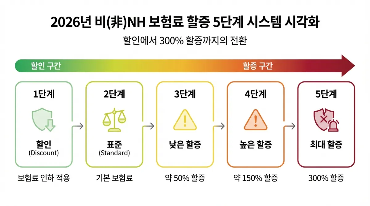 2026년부터 적용되는 4세대 실손보험 비급여 보험료 5단계 할증 체계 안내 인포그래픽. 보험료 할인부터 최대 300% 할증까지의 단계별 전환 과정을 상세하게 보여줍니다.