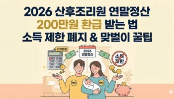 2026년 산후조리원 연말정산으로 200만원 환급받는 방법을 설명하는 일러스트입니다. 소득 제한 폐지와 맞벌이 부부를 위한 꿀팁 정보를 시각적으로 표현했습니다.