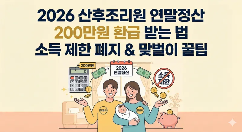 2026년 산후조리원 연말정산으로 200만원 환급받는 방법을 설명하는 일러스트입니다. 소득 제한 폐지와 맞벌이 부부를 위한 꿀팁 정보를 시각적으로 표현했습니다.