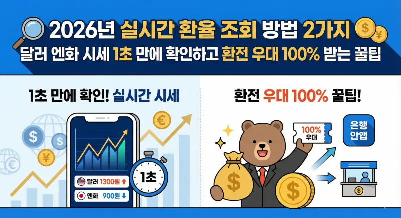 2026년 실시간 환율 조회 방법과 달러, 엔화 환전 우대 100% 받는 꿀팁을 스마트폰 앱과 은행 쿠폰 일러스트로 설명하는 인포그래픽 이미지입니다.
