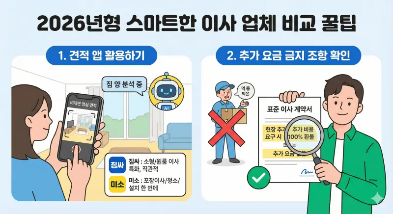 2026년형 스마트한 이사 업체 비교를 위한 꿀팁을 안내하는 인포그래픽입니다. 견적 앱(짐싸, 미소) 활용과 계약서 작성 시 추가 요금 금지 조항을 확인하는 중요성을 일러스트로 설명하고 있습니다.