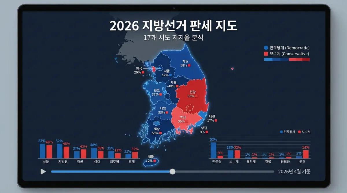2026 지방선거 판세 지도 및 17개 시도 지지율 분석 결과를 담은 대한민국 정당별 색상 구분 인포그래픽