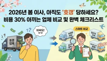 2026년 봄 이사를 준비하며 '호갱' 당하지 않고 이사 비용을 30% 절약하기 위한 스마트한 업체 비교 방법과 완벽 체크리스트 활용법을 안내하는 인포그래픽 썸네일 이미지입니다.