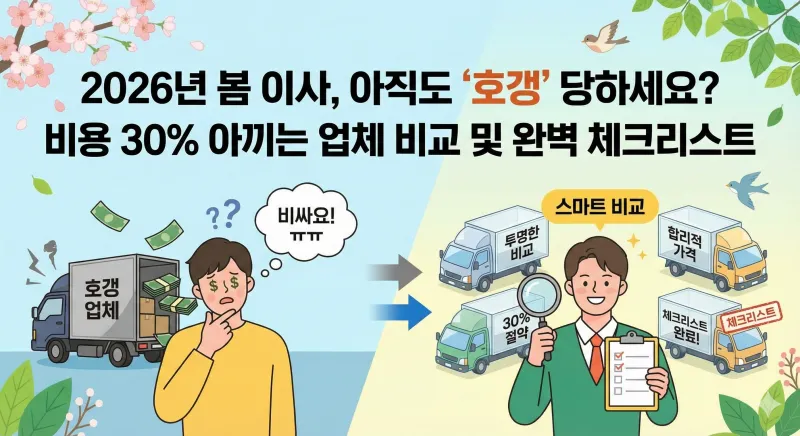 2026년 봄 이사를 준비하며 '호갱' 당하지 않고 이사 비용을 30% 절약하기 위한 스마트한 업체 비교 방법과 완벽 체크리스트 활용법을 안내하는 인포그래픽 썸네일 이미지입니다.