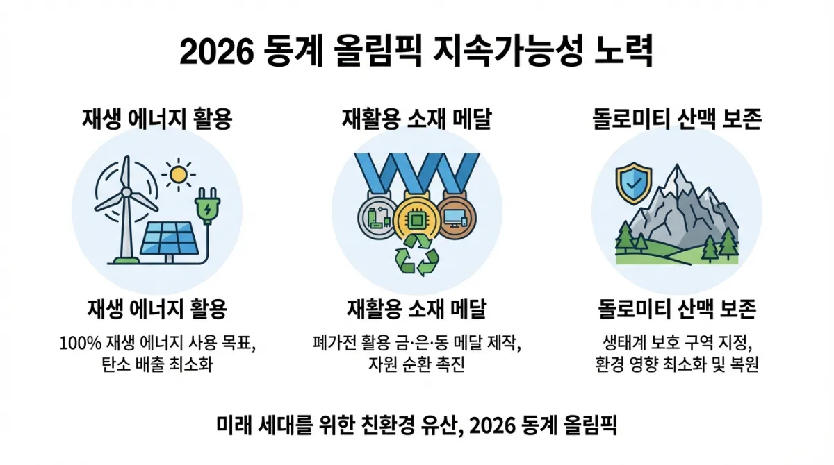 2026년 동계 올림픽의 지속 가능성 노력을 보여주는 상세 인포그래픽: 재생 에너지 아이콘, 메달의 재활용 소재 활용, 그리고 돌로미티 산맥의 보존 계획을 상세히 설명합니다.