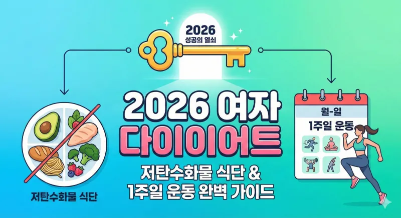 2026년 여자 다이어트 성공을 위한 저탄수화물 식단 구성과 1주일 운동 루틴 정보를 시각적으로 표현한 인포그래픽 일러스트 이미지입니다.
