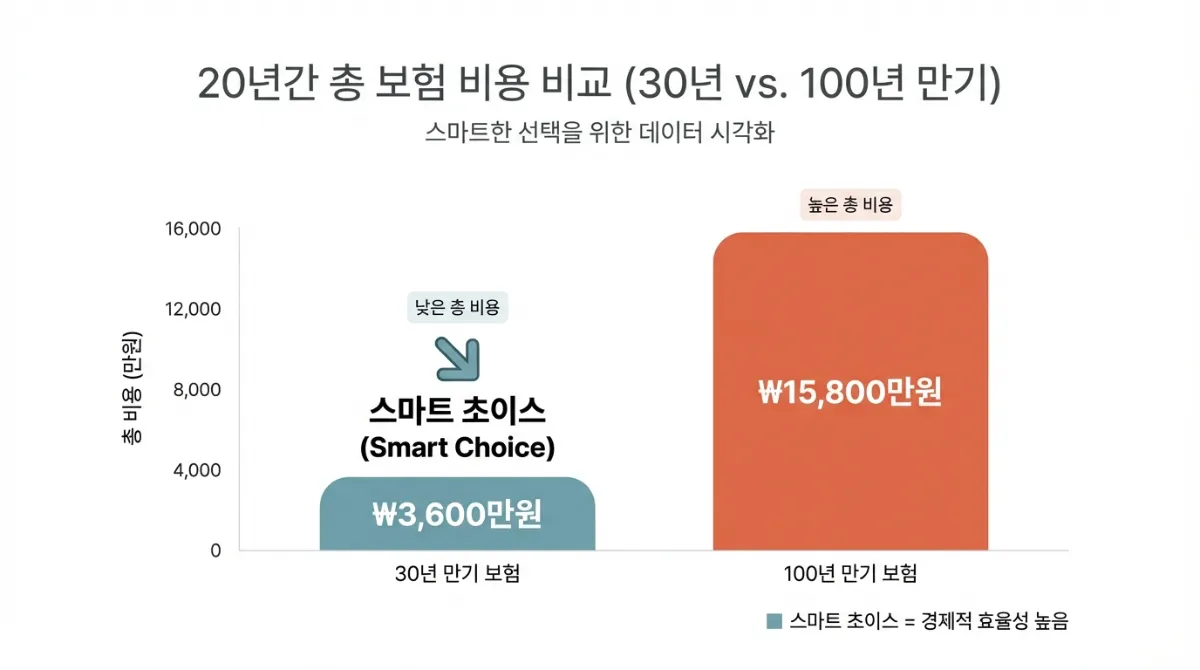 30년 만기 보험과 100년 만기 보험의 20년간 총 보험료를 비교한 막대 그래프 인포그래픽. 30년 만기 상품이 '스마트한 선택'으로 강조된 깔끔하고 신뢰감 있는 디자인.