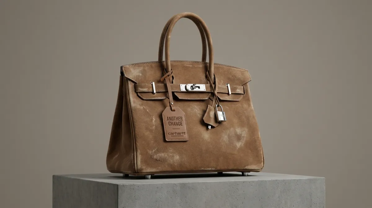 어나더 찬스(Another Chance) 칼하트 버킨 30백, 빈티지 브라운 캔버스 텍스처와 빛나는 실버 하드웨어 디테일이 돋보이는 미니멀 럭셔리 스튜디오 패션 샷