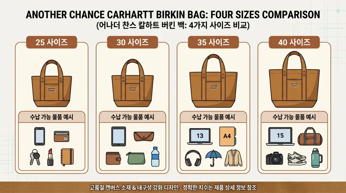어나더찬스 칼하트 버킨백 25, 30, 35, 40 사이즈 비교 인포그래픽 - 각 사이즈별 상세 크기와 수납 가능한 소지품 아이콘 및 한국어 안내