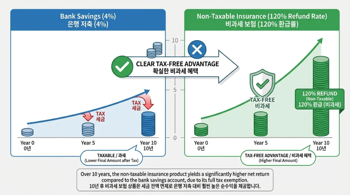 4% 은행 예금과 120% 환급률 비과세 보험의 10년 수익률 비교 인포그래픽: 세금 면제 혜택과 최종 자산 증식의 차이점을 한국어와 영어로 명확하게 보여줍니다.