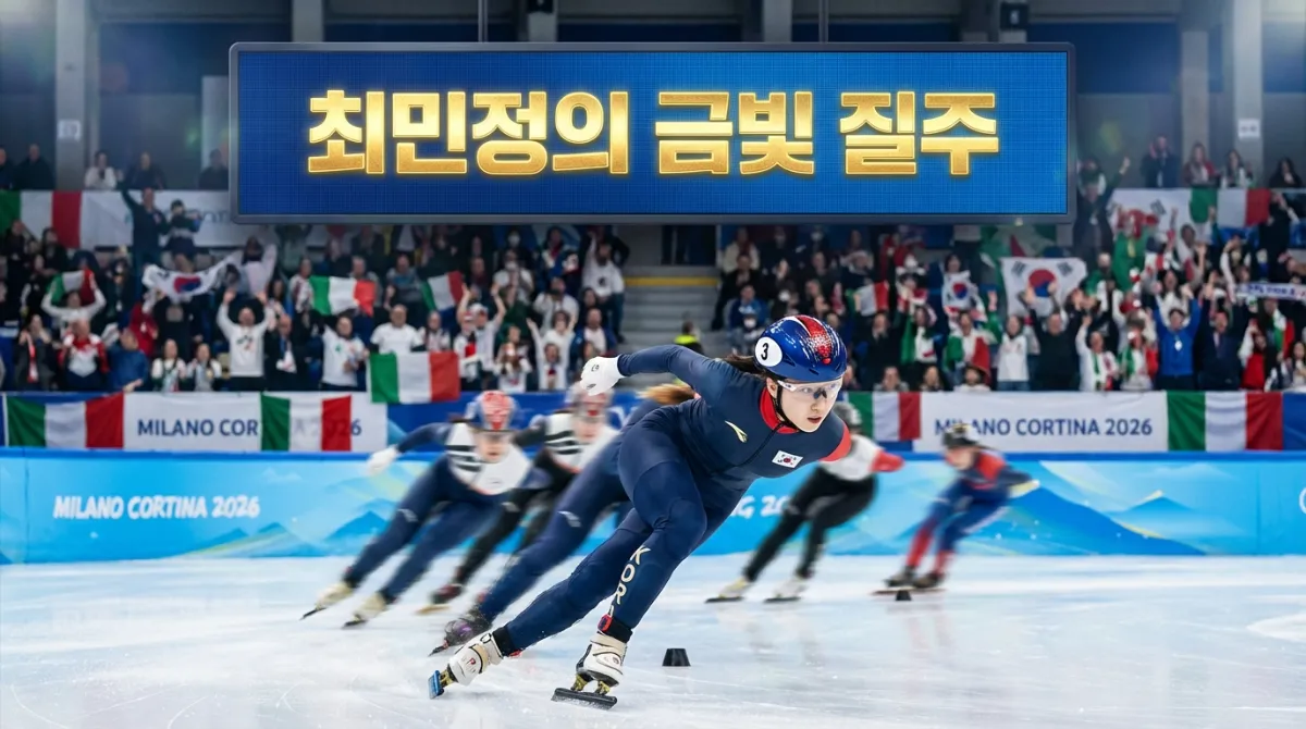 2026 밀라노-코르티나 담페초 동계 올림픽 쇼트트랙 경기에서 선두를 달리는 최민정 선수와 '최민정의 금빛 질주' 문구가 표시된 디지털 전광판 배경의 사진