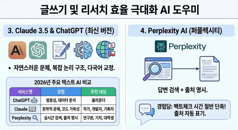 2026년 업무 효율 200% 올리는 AI 도구 추천 TOP 8: 직장인과 학생을 위한 필독 리스트는? 3 글쓰기 및 리서치 효율을 극대화하는 AI 도우미 Claude 3.5, ChatGPT(최신 버전), Perplexity AI의 주요 기능과 강점을 비교한 인포그래픽입니다. 각 도구의 특징과 추천 대상을 표로 정리하고, 실제 사용 경험담을 통해 팩트체크 시간 단축 효과를 보여줍니다.