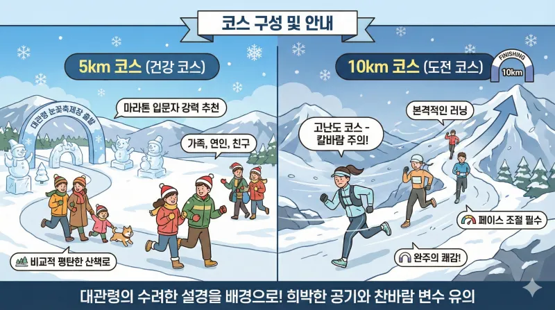 대관령 눈꽃축제장을 배경으로 하는 2026 대관령 알몸 마라톤 코스 안내 인포그래픽입니다. 가족과 즐기는 평탄한 5km 건강 코스와 본격적인 러닝을 위한 고난도 10km 도전 코스의 특징 및 추천 대상을 설명합니다.