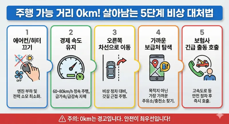 주행 가능 거리 0km 경고 시 운전자가 취해야 할 5가지 비상 대처 단계를 순서대로 보여주는 인포그래픽입니다. 에어컨 끄기, 경제 속도 유지 등 안전을 위한 행동 요령을 시각적으로 설명합니다.