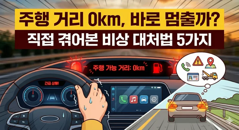 주행 가능 거리 0km 경고등이 켜진 차량 내부에서 운전자가 당황하는 모습과 비상 상황 대처법을 안내하는 인포그래픽입니다.