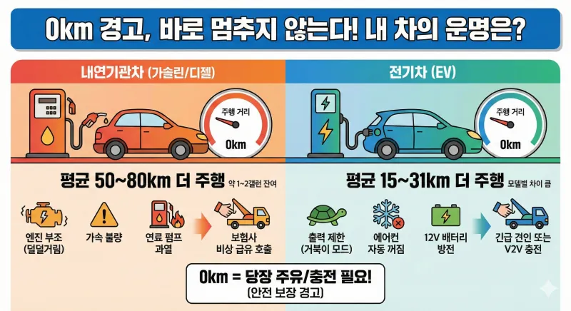주행 가능 거리 0km 경고등이 켜졌을 때 내연기관차와 전기차가 추가로 주행할 수 있는 평균 거리와 발생 가능한 문제, 그리고 각각의 비상 대처 방법을 비교한 인포그래픽입니다.