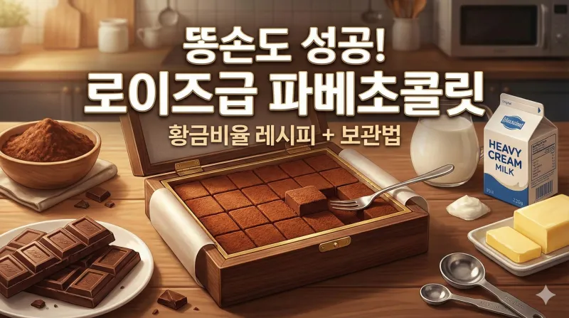 고급스러운 나무 상자에 담긴 파베초콜릿과 생크림, 버터 등 만들기 재료가 조화롭게 배치된 이미지입니다. 초보자도 쉽게 성공하는 로이즈급 생초콜릿 황금비율 레시피 정보를 담고 있습니다.