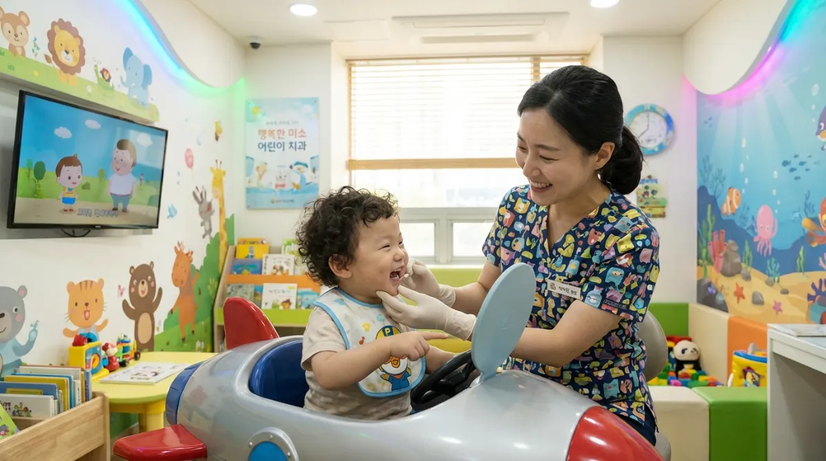 친절한 치과 의사가 화려하고 아이 친화적인 소아치과에서 유아의 치아를 검진하는 모습. 행복하고 호기심 어린 표정의 어린이 치과 검진 이미지.