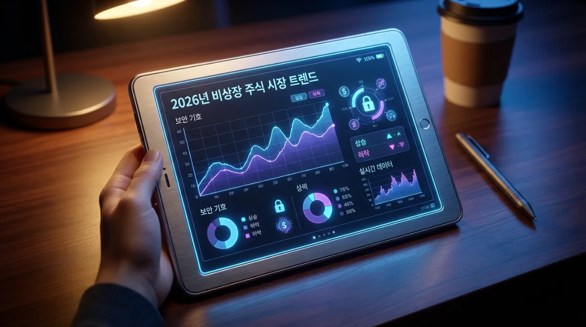 2026년 비상장 주식 거래 방법 완벽 가이드: 수수료부터 절세 전략까지 (최신판) 2 2026년 비상장 주식 시장 트렌드를 시각화한 미래형 디지털 대시보드와 태블릿 UI 그래픽