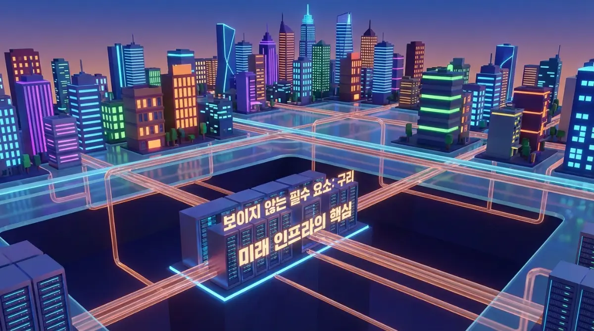 구리의 필수적인 역할을 강조하는 데이터 센터와 빛나는 전력선이 있는 미래형 스마트 시티 전문 일러스트레이션