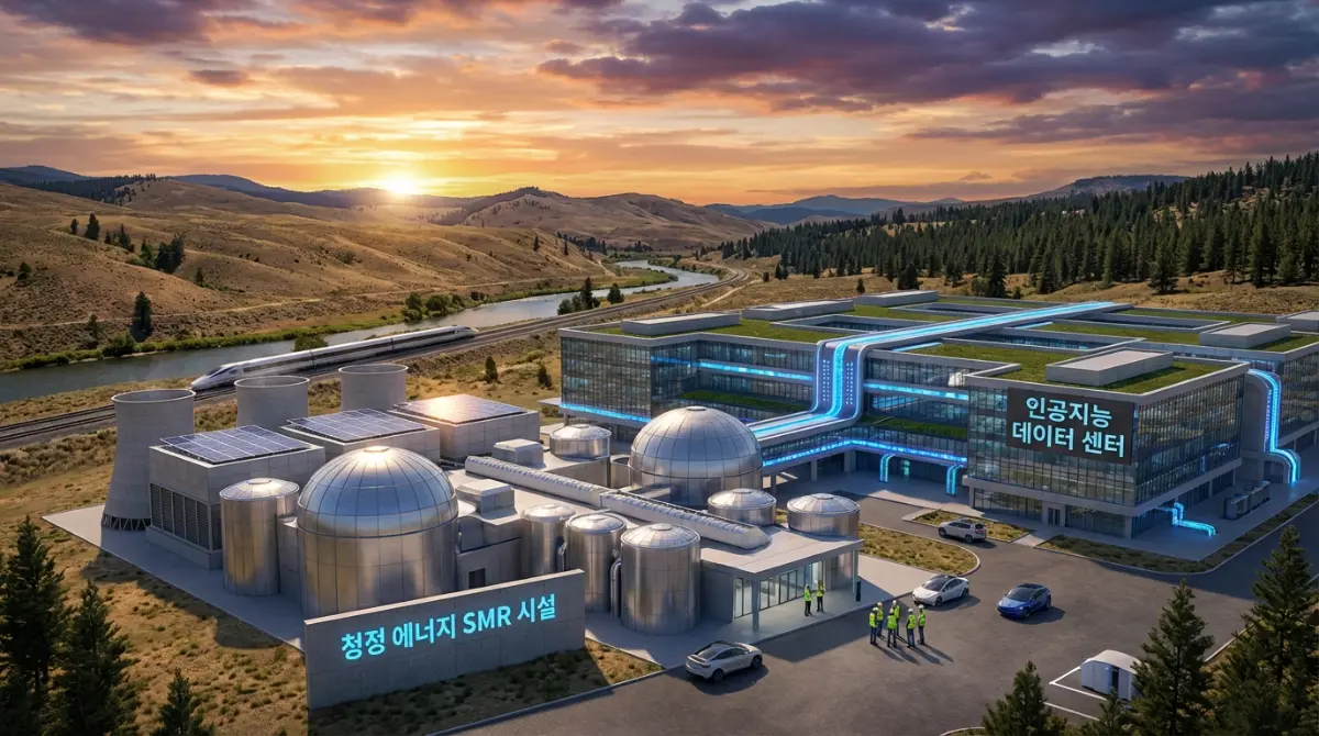 미국 풍경 속 일몰을 배경으로 한 미래형 소형 모듈 원자로(SMR)와 AI 데이터 센터가 통합된 청정 에너지 첨단 기술 인프라의 시네마틱 이미지