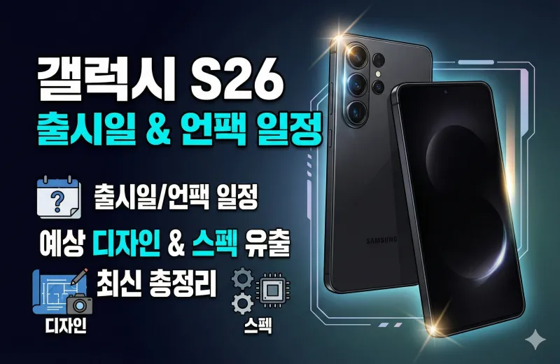 갤럭시 S26 출시일과 언팩 일정, 예상 디자인 및 스펙 유출 정보를 정리한 인포그래픽 썸네일 이미지입니다.