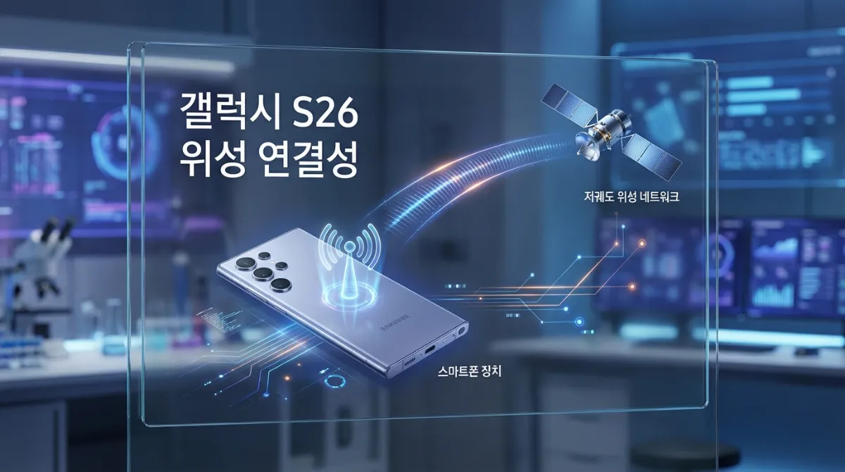 갤럭시 S26 울트라의 저궤도 위성 통신 기능을 보여주는 미래 지향적 인포그래픽과 전문적인 한국어 타이포그래피가 포함된 하이테크 연구소 발표 스타일 이미지