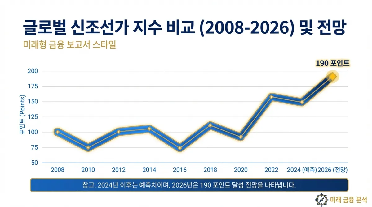 2008년부터 2026년까지의 글로벌 신조선가지수 추이를 비교한 인포그래픽으로, 190포인트에 도달하는 급격한 상승 곡선을 보여주는 전문적인 재무 보고서 스타일의 이미지
