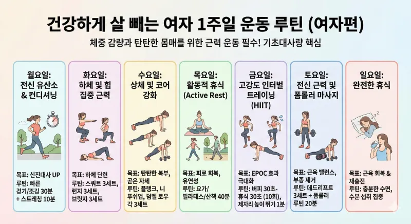 건강하게 살 빼는 여자 1주일 운동 루틴을 월요일부터 일요일까지 일러스트와 함께 정리한 인포그래픽 이미지입니다.