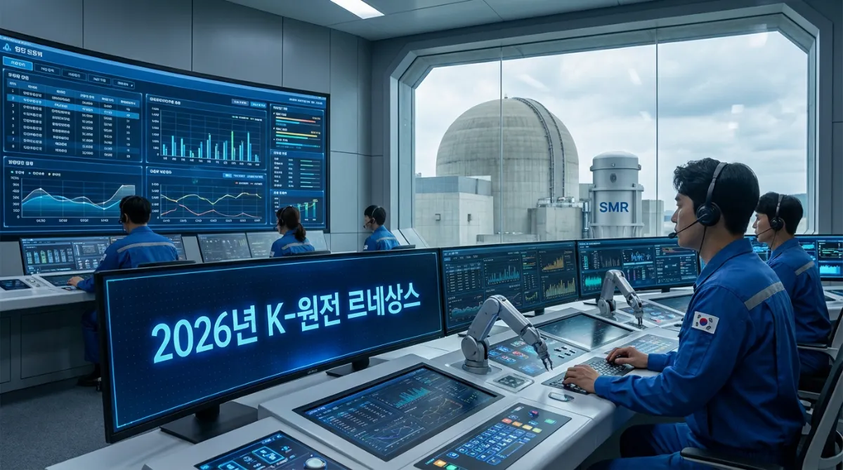 미래형 디지털 디스플레이가 설치된 고해상도 원자력 발전소 제어실에서 근무하는 엔지니어들과 배경에 보이는 대형 원자로 및 소형 모듈형 원자로(SMR) - 2026년 K-원전 르네상스