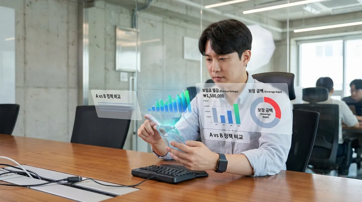 스마트폰의 미래형 홀로그램 인터페이스를 사용하여 다양한 보험 상품을 비교하는 고해상도 하이테크 사무실 장면. 보험료 절감액과 보장 공백을 보여주는 시각적 차트와 데이터가 공중에 떠 있습니다.