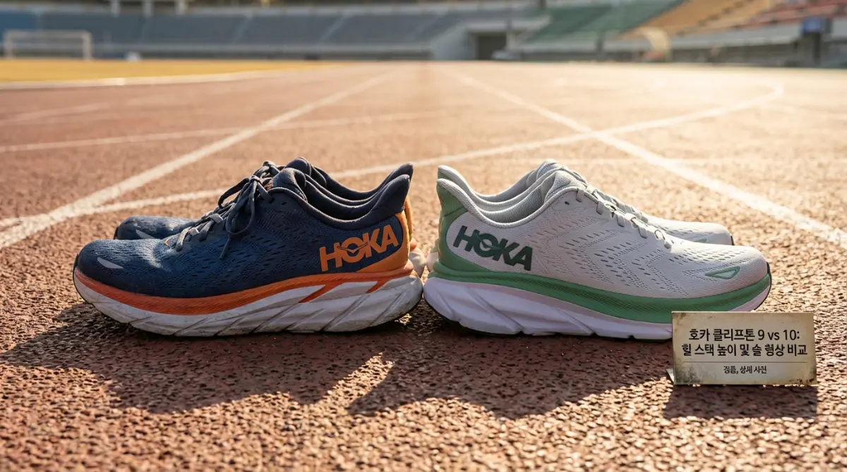 러닝 트랙 위에 놓인 호카 클리프톤 9과 클리프톤 10의 비교 사진. 뒤꿈치 스택 높이와 중창 기하학적 구조의 차이를 상세히 보여줌.