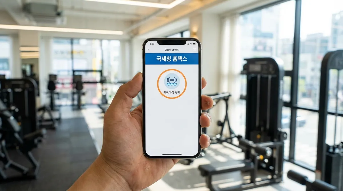 현대적인 헬스장을 배경으로 홈택스 앱의 체육시설 및 수영장 이용료 소득공제 아이콘이 강조된 스마트폰 화면 근접 촬영