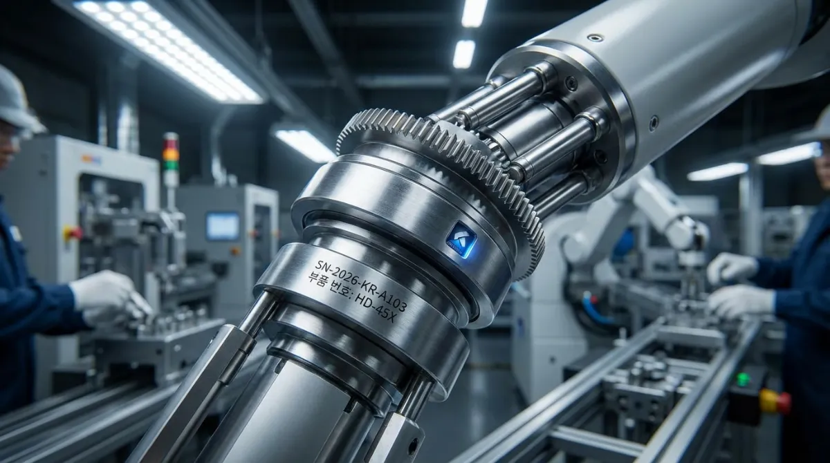 레이저 각인 시리얼 번호가 포함된 2026년 미래형 공장의 휴머노이드 로봇 관절 조립 및 정밀 하모닉 드라이브 감속기 기어 클로즈업
