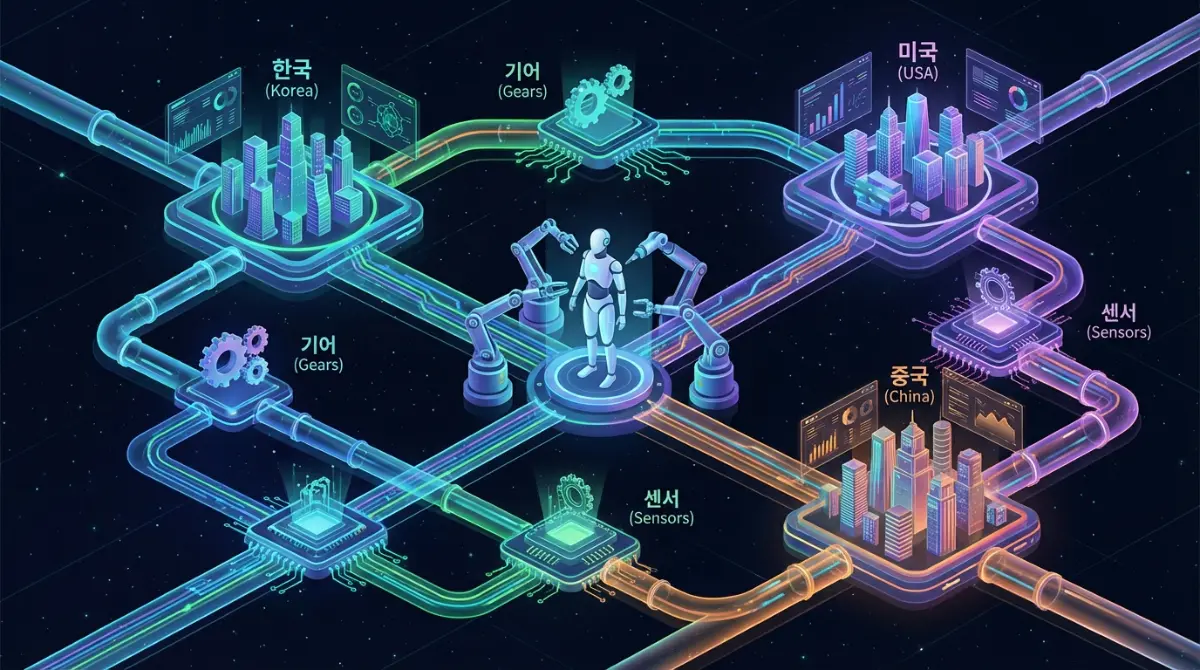 2026년 한국, 미국, 중국을 연결하는 글로벌 휴머노이드 로봇 공급망 개념도와 기어, 센서 등 핵심 부품 일러스트